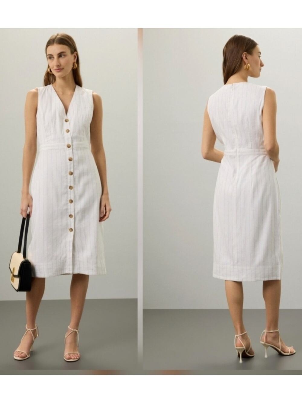 Club Monaco NWT button front dress white blue stripe linen coastal summer size 4
